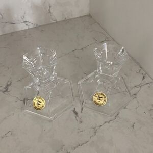 Princess House #877 Hexagon Shape Clear Glass Lead Crystal Candlesticks Set of 2
